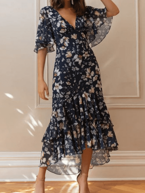 Women Summer Elegant Floral Pattern V neck Micro-Elasticity Party Regular Fit Midi H-Line Dresses