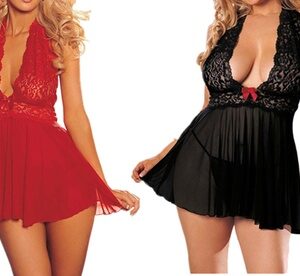 Women V-Neck Lingerie Lace Babydoll Mesh Chemise Nightwear Outfits L Red