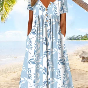 Women Vacation Dress Floral Maxi Dress Crew Neck T-Shirt Dress