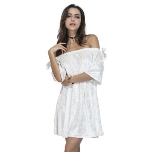 Women Velvet Off the Shoulder Dress Strapless Elastic Slash Neck Bow Straight Loose Shift Mini Dress White