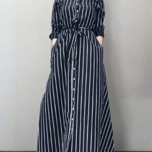 Women Vertical Stripe Lapel Kaftan Long Sleeve Shirt Maxi Dresses With Belt