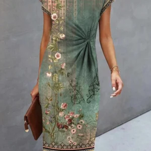 Women Vintage Dress Floral Short Dress T-Shirt Dress