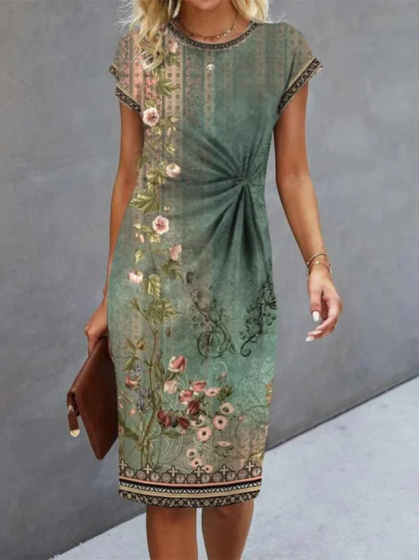 Women Vintage Dress Floral Short Dress T-Shirt Dress