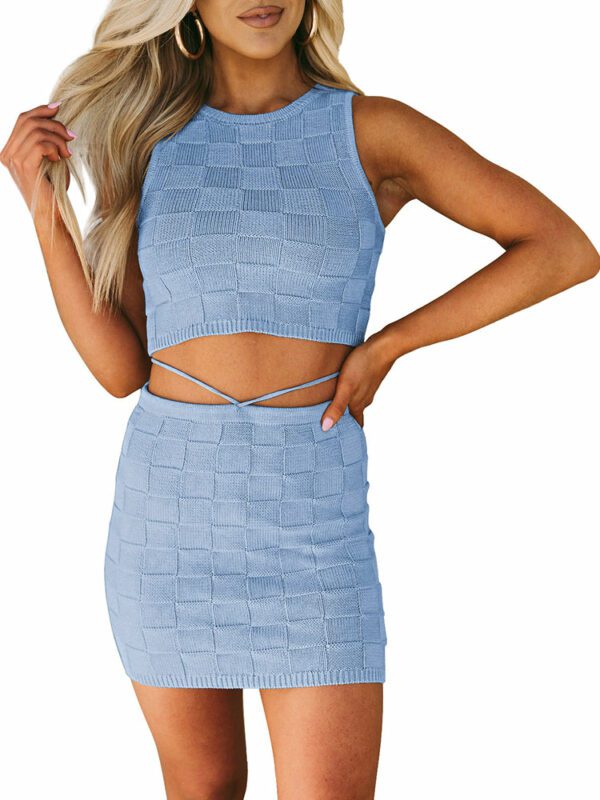 Women's 2 Piece Crop Tank Top Plaid Bodycon Mini Skirt Knitted Dress