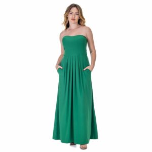 Women's 24Seven Comfort Pleated A Line Strapless Maxi Dress With Pockets, Size: Small, Green