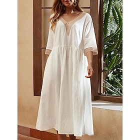 Women's A Line Dress Smock Dress Midi Dress Cotton Linen Lace Patchwork Solid Classic Daily V Neck Half Sleeve Summer Spring White