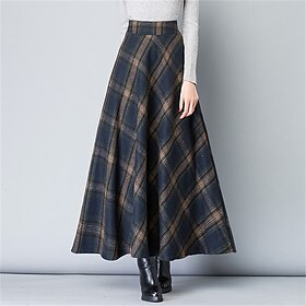 Women's A Line Plaid Skirt Maxi High Waist Skirts Pocket Long Color Block Plaid Checkered Daily Date Spring Fall Polyester Twilled Satin Elegant Retro Vintag