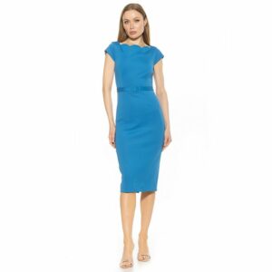 Women's ALEXIA ADMOR Lavinia Scallop Neckline Short Sleeve Sheath Midi Dress, Size: XL, Cerulean