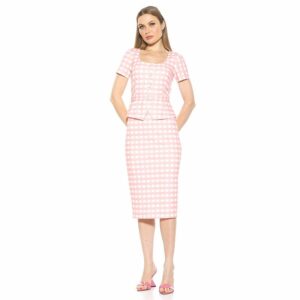 Women's ALEXIA ADMOR Vance Square Neck Short Sleeve Peplum Sheath Dress, Size: Large, Pink Plaid