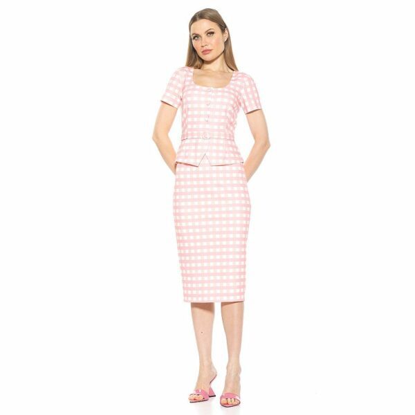 Women's ALEXIA ADMOR Vance Square Neck Short Sleeve Peplum Sheath Dress, Size: Large, Pink Plaid