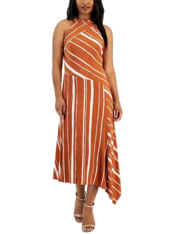 Womens Asymmetric Striped Halter Dress