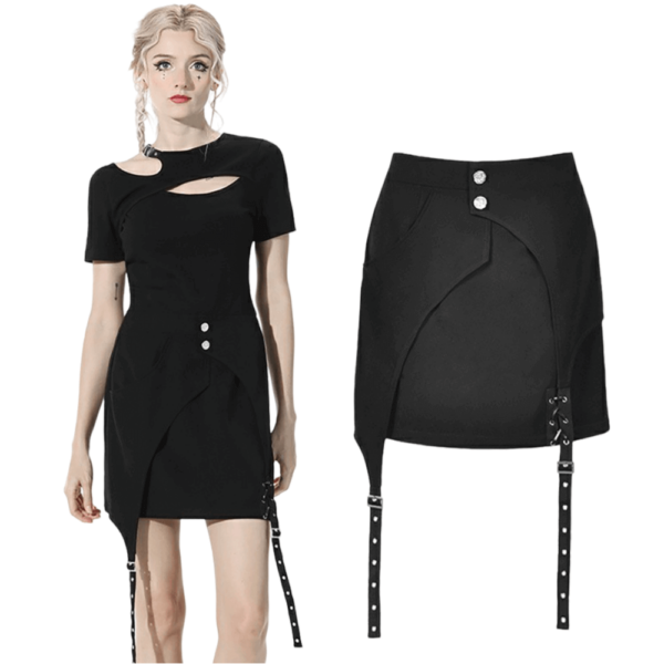 Women's Asymmetrical Mini Skirt with Buttons and Straps