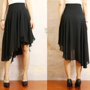 Women's Asymmetrical Skirt, Chiffon High Waist Customized Summer Black Skirt(Q1040