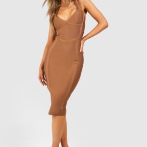 Womens Bandage Double Strap Midi Dress - Brown - 16, Brown