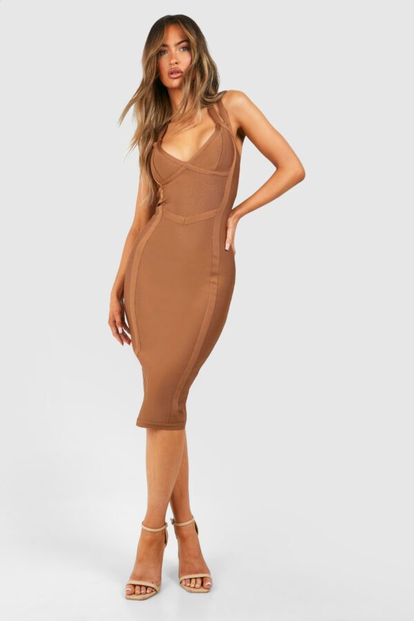 Womens Bandage Double Strap Midi Dress - Brown - 16, Brown