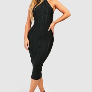 Womens Bandage High Neck Midi Dress - Black - 10, Black