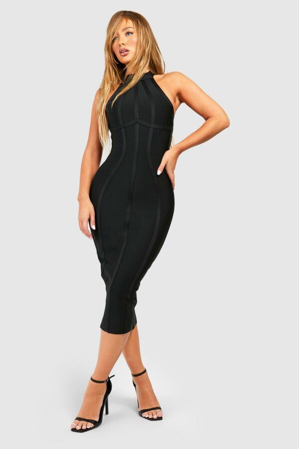 Womens Bandage High Neck Midi Dress - Black - 10, Black