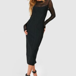 Womens Bandage Mesh Insert Midi Dress - Black - 10, Black