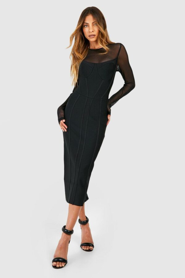 Womens Bandage Mesh Insert Midi Dress - Black - 10, Black