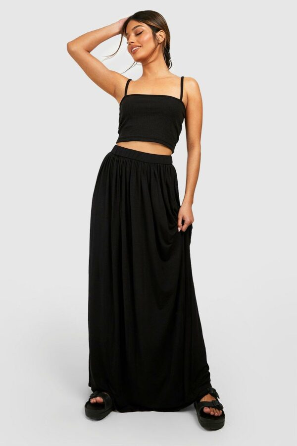 Womens Basics High Waisted Jersey Knit Maxi Skirt - Black - 10