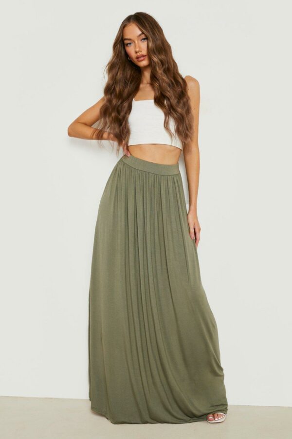 Womens Basics High Waisted Jersey Knit Maxi Skirt - Green - 6