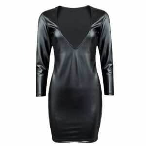 Women's Black Deep V-neck Shiny Leather Bodycon Bandage Dress / Long Sleeves Dresses