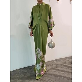 Women's Black Dress Prom Dress Party Dress Button Print Stand Collar Long Sleeve Floral Wedding Guest Cocktail Party Green Spring Fall