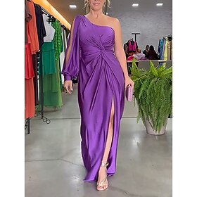 Women's Black Dress Prom Dress Party Dress Ruched Split One Shoulder Long Sleeve Wedding Guest Purple Spring Fall