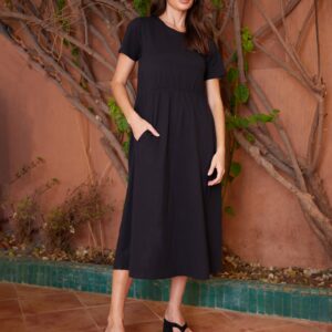 Women's Black Jersey Midi Smock Dress with Pockets