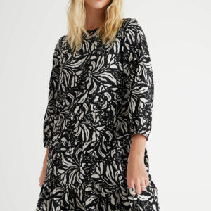 Womens Black and White Floral Smock Dress