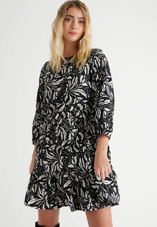 Womens Black and White Floral Smock Dress