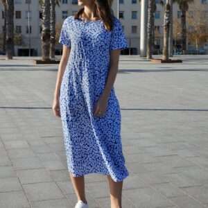 Women's Blue Floral Jersey Midi Smock Dress with Pockets