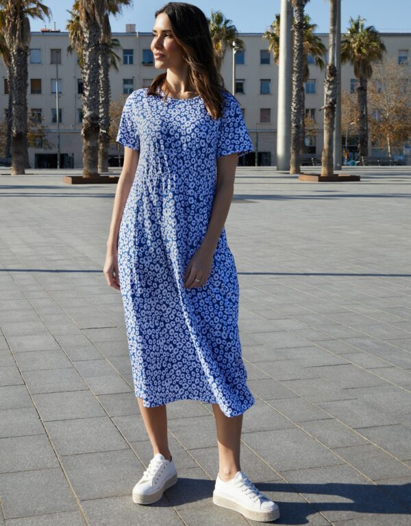 Women's Blue Floral Jersey Midi Smock Dress with Pockets