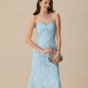 Women's Blue Strapless Jacquard Midi Dress