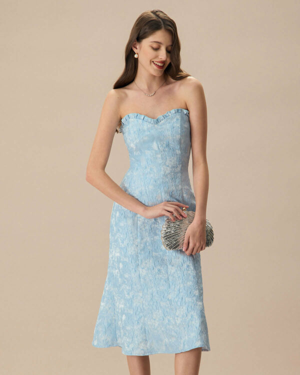 Women's Blue Strapless Jacquard Midi Dress