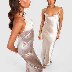 Womens Bridesmaid Satin Halter Maxi Dress - Bronze - 10