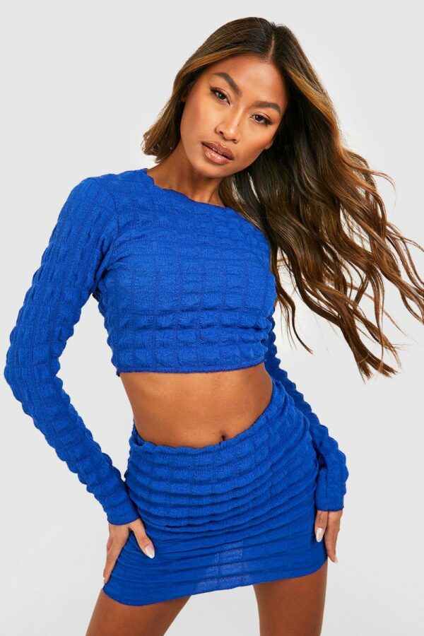 Womens Bubble Jersey Knit Backless Crop & Mini Skirt - Blue - 8