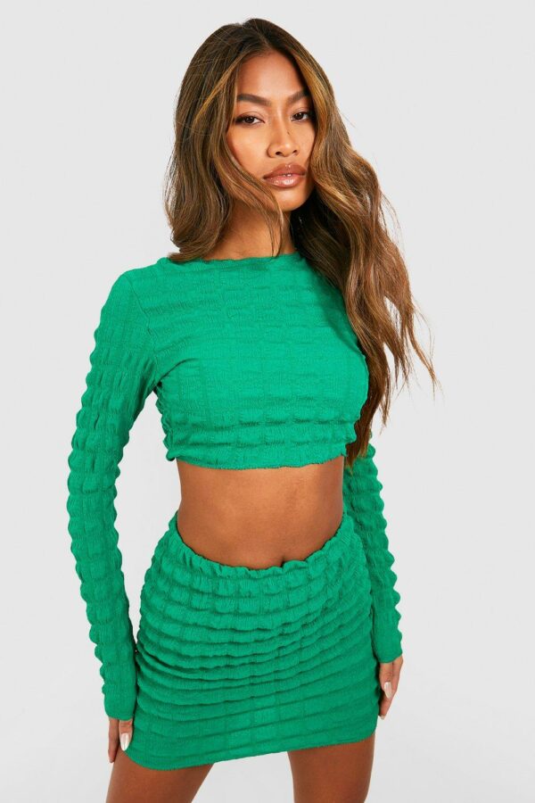 Womens Bubble Jersey Knit Backless Crop & Mini Skirt - Green - 4