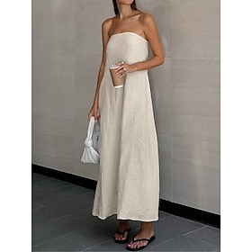 Women's Casual Dress Cotton Linen Dress Maxi Dress Backless Pocket Basic Daily Strapless Sleeveless Summer Spring khaki Plain