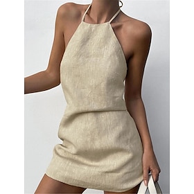 Women's Casual Dress Cotton Linen Dress Strap Dress Mini Dress Backless Basic Daily Vacation Halter Neck Sleeveless Summer Spring Brown Plain