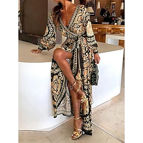 Women's Casual Dress Long Sleeve Boho Dress Wrap Dress Maxi long Dress Yellow Blue Gray Long Sleeve Floral Lace up Spring V Neck Bohemia Fall Dress