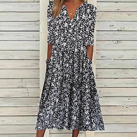 Women's Casual Dress Sheath Dress Floral Dress Midi Dress Black Half Sleeve Floral Ruched Spring Summer V Neck Casual Weekend 2023 S M L XL XXL 3XL