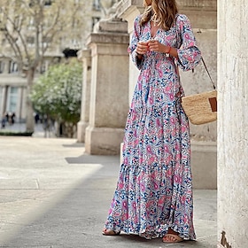 Women's Casual Dress Swing Dress Boho Dress Long Dress Maxi Dress Green Pink Long Sleeve Floral Print Winter Fall Autumn V Neck Winter Dress Weekend Fall Dress