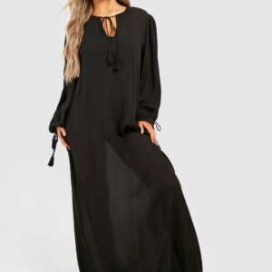 Womens Cheesecloth Tassel Beach Maxi Kaftan Dress - Black - L