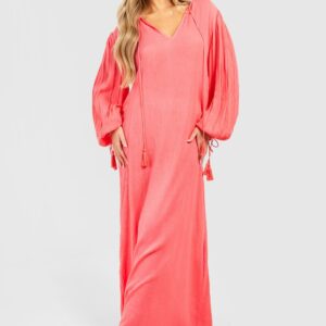 Womens Cheesecloth Tassel Beach Maxi Kaftan Dress - Pink - L