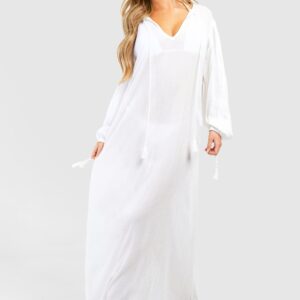 Womens Cheesecloth Tassel Beach Maxi Kaftan Dress - White - S