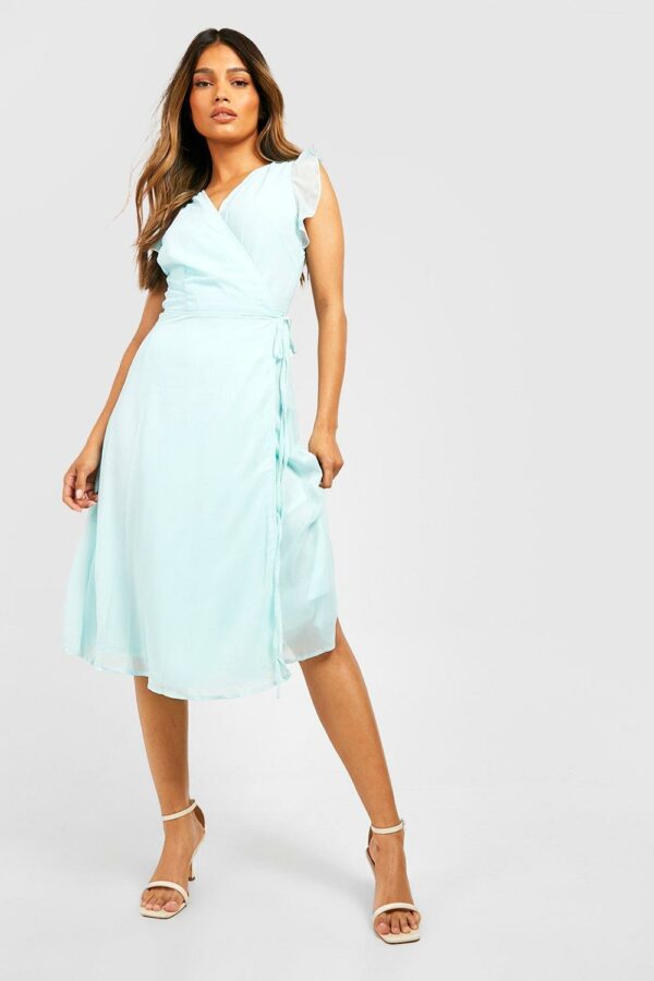 Womens Chiffon Ruffle Skater Wrap Bridesmaid Dress - Blue - 6