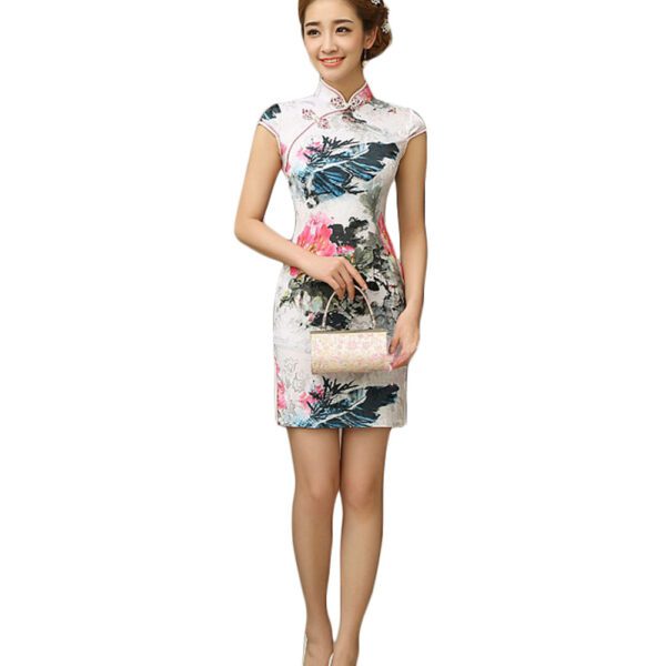 Womens Chinese Flowers Pattern Cheongsam Qipao Dress - Large