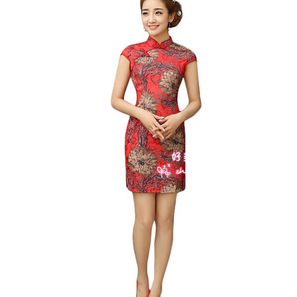 Womens Chinese Flowers Pattern Cheongsam Qipao Dress, Red - Large