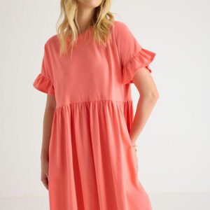 Womens Coral Frill Sleeve T-shirt Dress